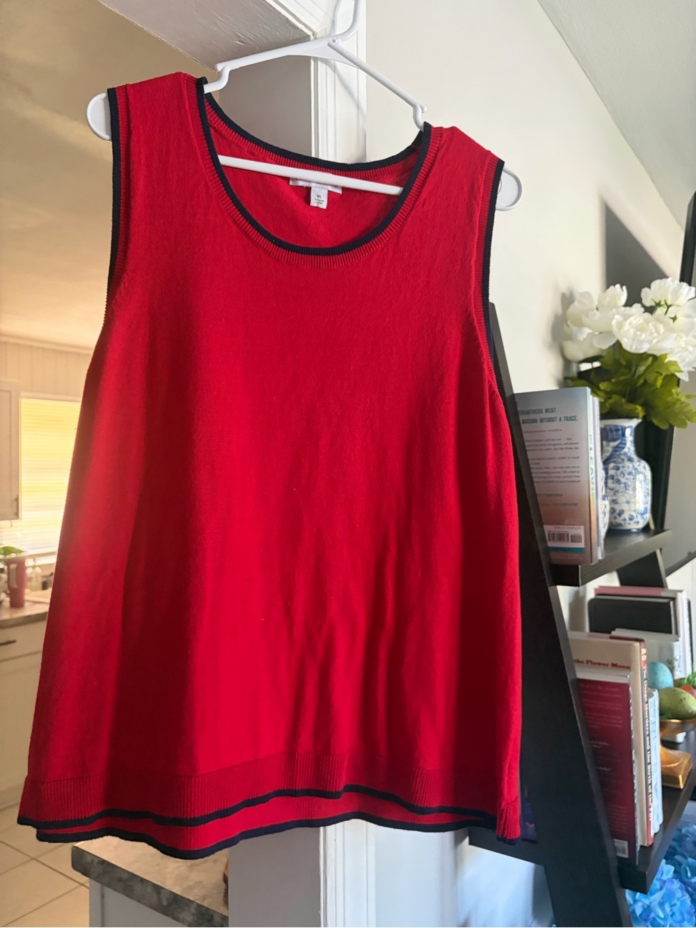 Kim Rogers Red Sleeveless Sweater Tank Navy Trim Knit Top XL